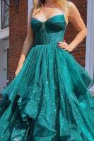 Load image into Gallery viewer, Dark Green A Line Long Corset Prom Dress With Ruffles