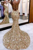 Load image into Gallery viewer, Golden Sequin Sparkly Mermaid Prom Dress