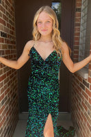 Load image into Gallery viewer, Sparkly Dark Green Mermaid Sequins Long Prom Dress with Slit