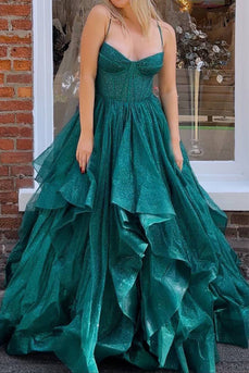 Dark Green A Line Long Corset Prom Dress With Ruffles