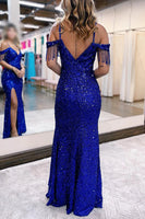 Load image into Gallery viewer, Royal Blue Off the Shoulder Sequins Sheath Prom Dress with Fringes