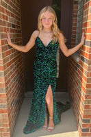 Load image into Gallery viewer, Sparkly Dark Green Mermaid Sequins Long Prom Dress with Slit