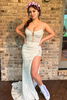 Load image into Gallery viewer, Red Spaghetti Straps Appliques Prom Dress with Slit