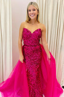 Load image into Gallery viewer, Sparkly Hot Pink Detachable Train Sequins Long Prom Dress