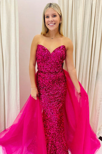 Sparkly Hot Pink Detachable Train Sequins Long Prom Dress