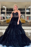 Load image into Gallery viewer, Glitter Fuchsia Tulle Tiered Corset Long Prom Dress with Lace