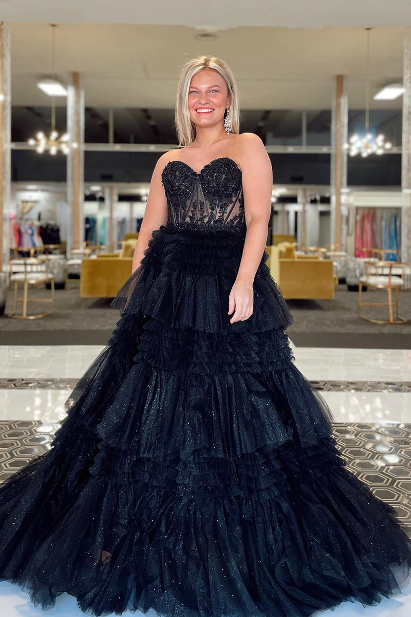 Load image into Gallery viewer, Glitter Fuchsia Tulle Tiered Corset Long Prom Dress with Lace