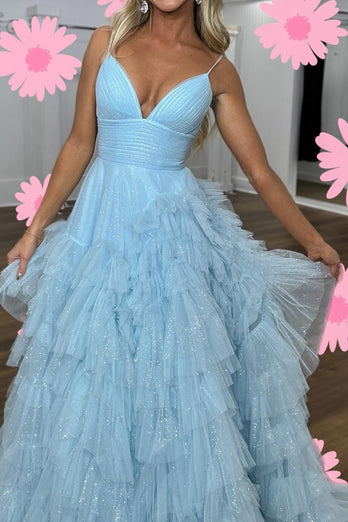 Light Pink Tulle Tiered A-Line Long Prom Dress
