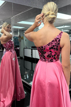 Sparkly Pink Mirror One Shoulder Long Prom Dress with Slit