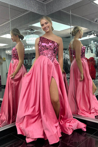 Sparkly Pink Mirror One Shoulder Long Prom Dress with Slit