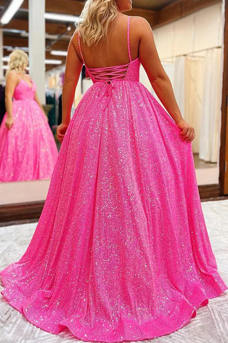 Load image into Gallery viewer, Sparkly Hot Pink Sequins A-Line Long Prom Dress