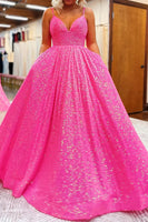 Load image into Gallery viewer, Sparkly Hot Pink Sequins A-Line Long Prom Dress