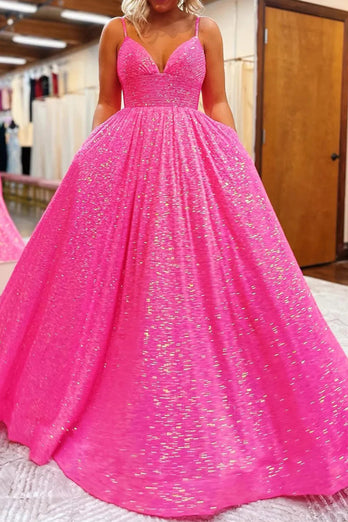 Sparkly Hot Pink Sequins A-Line Long Prom Dress