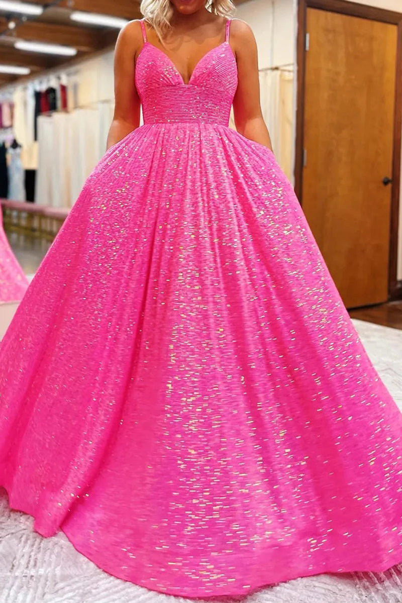 Load image into Gallery viewer, Sparkly Hot Pink Sequins A-Line Long Prom Dress