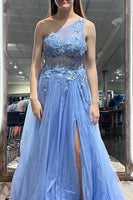 Load image into Gallery viewer, Blue A Line One Shoulder Long Corset Prom Dress With Appliques