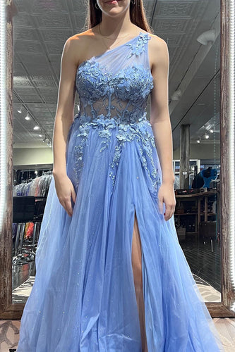 Blue A Line One Shoulder Long Corset Prom Dress With Appliques