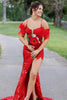 Load image into Gallery viewer, Sheath Off the Shoulder Blue Sequins Long Prom Dress with Feathers