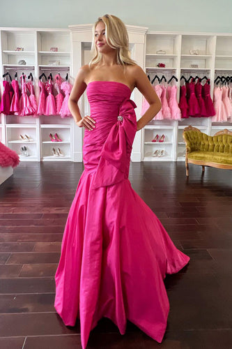 Fuchsia Strapless Mermaid Long Prom Dress with Bowknot