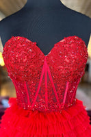 Load image into Gallery viewer, Sparkly Fuchsia Tulle Tiered Corset Long Prom Dress with Lace