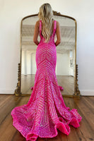 Load image into Gallery viewer, Fuchsia Deep V Neck Sequin Mermaid Prom Dress