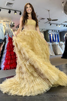 Load image into Gallery viewer, Glitter Golden Strapless A-Line Tulle Long Ruffled Prom Dress