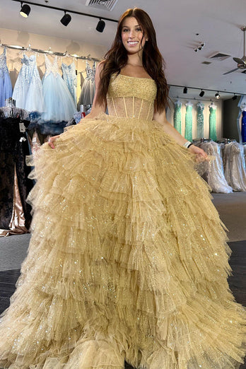 Glitter Golden Strapless A-Line Tulle Long Ruffled Prom Dress