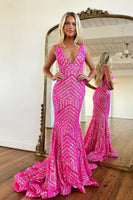 Load image into Gallery viewer, Light Purple Deep V Neck Sequin Mermaid Prom Dress