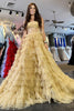 Load image into Gallery viewer, Glitter Golden Strapless A-Line Tulle Long Ruffled Prom Dress