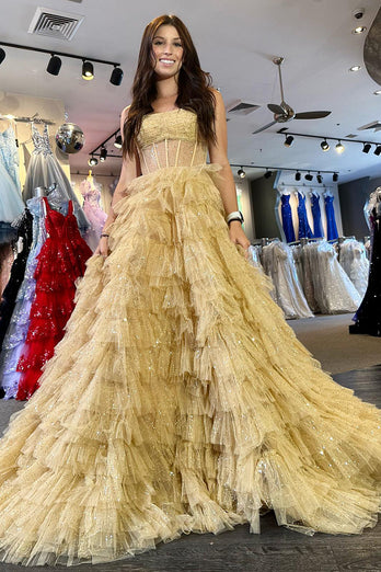 Glitter Golden Strapless A-Line Tulle Long Ruffled Prom Dress