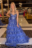 Load image into Gallery viewer, Sparkly Dark Blue Spaghetti Straps Tiered Lace Long Corset Prom Dress