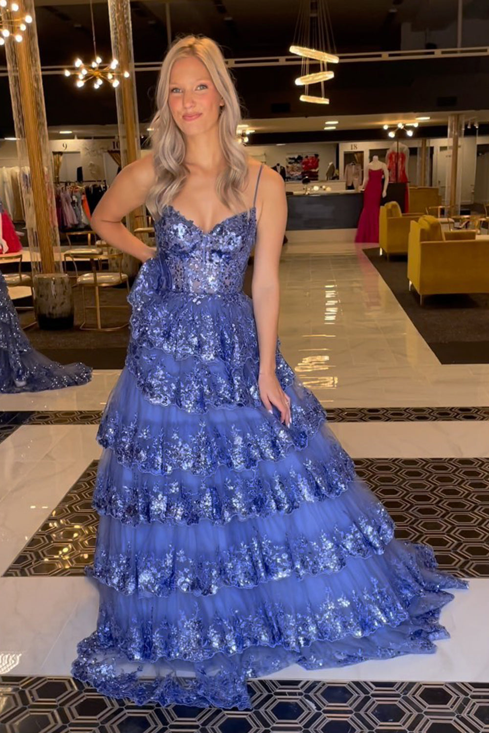 Sparkly Dark Blue Spaghetti Straps Tiered Lace Long Corset Prom Dress