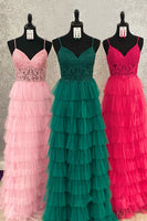 Load image into Gallery viewer, Dark Green A-Line Tiered Tulle Long Prom Dress with Lace