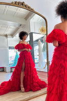 Load image into Gallery viewer, Red Off the Shoulder Tiered Ruffled Long Prom Dress with Slit
