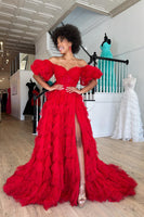 Load image into Gallery viewer, Red Off the Shoulder Tiered Ruffled Long Prom Dress with Slit