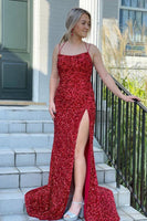 Load image into Gallery viewer, Mermaid Glitter Sequins Sexy Hot Pink Backless Long Prom Dress