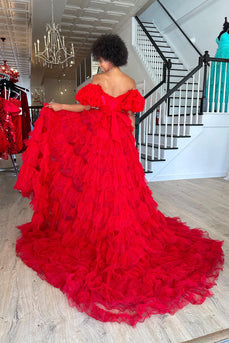 Red Off the Shoulder Tiered Ruffled Long Prom Dress with Slit