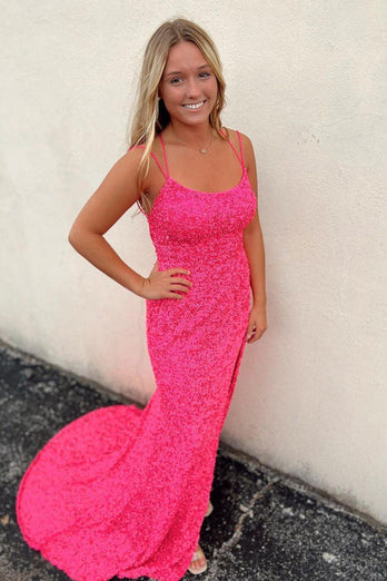 Mermaid Glitter Sequins Sexy Hot Pink Backless Long Prom Dress