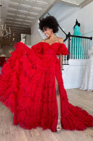 Load image into Gallery viewer, Red Off the Shoulder Tiered Ruffled Long Prom Dress with Slit