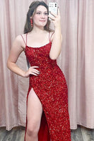 Load image into Gallery viewer, Mermaid Glitter Sequins Sexy Hot Pink Backless Long Prom Dress