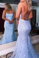 Load image into Gallery viewer, Blue Lace Mermaid Backless Prom Formal Dress