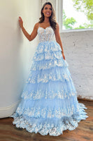 Load image into Gallery viewer, Sparkly Dark Blue Spaghetti Straps Tiered Lace Long Corset Prom Dress