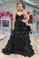 Load image into Gallery viewer, Sparkly Dark Blue Spaghetti Straps Tiered Lace Long Corset Prom Dress