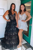 Load image into Gallery viewer, Sparkly Dark Blue Spaghetti Straps Tiered Lace Long Corset Prom Dress