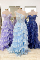Load image into Gallery viewer, Sparkly Lilac One Shoulder Tiered Lace Long Prom Dress with Slit