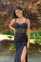 Load image into Gallery viewer, Black Mermaid Lace Long Corset Prom Dress with Slit