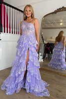 Load image into Gallery viewer, Sparkly Lilac One Shoulder Tiered Lace Long Prom Dress with Slit