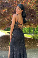 Load image into Gallery viewer, Black Mermaid Lace Long Corset Prom Dress with Slit