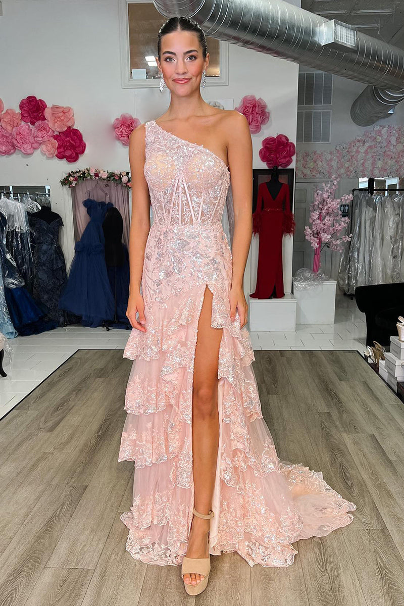 Load image into Gallery viewer, Sparkly Black One Shoulder Tiered Lace Long Prom Dress with Slit