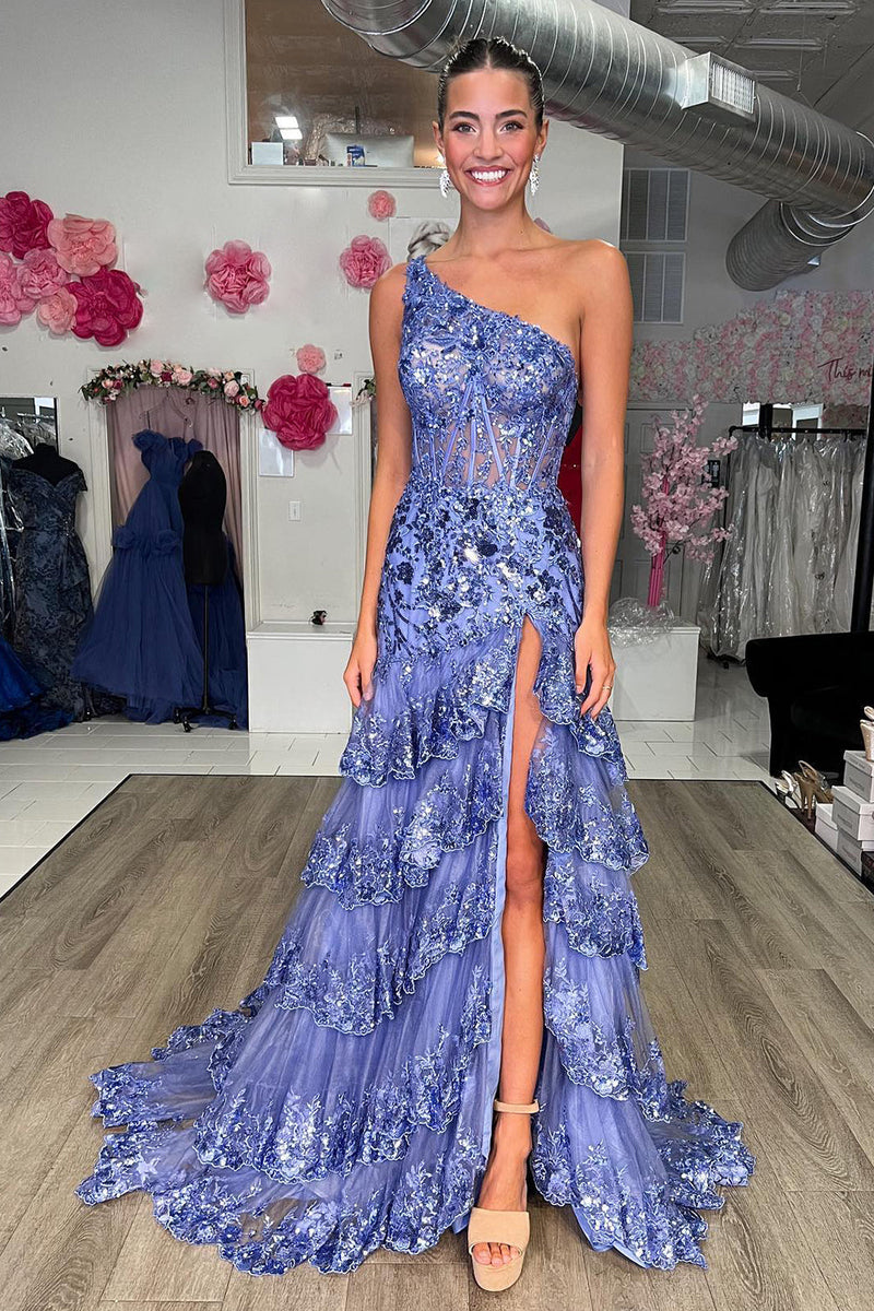 Load image into Gallery viewer, Sparkly Black One Shoulder Tiered Lace Long Prom Dress with Slit