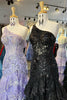 Load image into Gallery viewer, Sparkly Black One Shoulder Tiered Lace Long Prom Dress with Slit